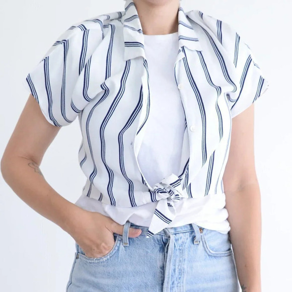 Aritzia Wilfred Free Navy & White Stripe Cropped Tie Blouse Sailor Shirt XXS - Picture 2 of 12